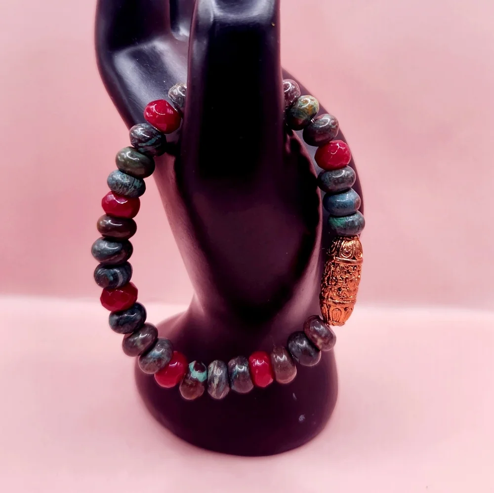 Chrysocolla, Red Jade, and Copper Beaded Bracelet